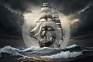 Old Sailing ship adrift in the ocean on a stormy day with big waves, Generative AI