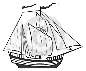 Old sailing ship. Brigantine icon. Pirate galleon