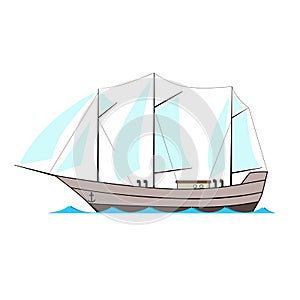 Old sailing ship in cartoon style on white background