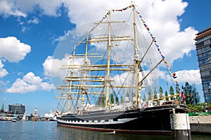 Old sailing ship in harbor