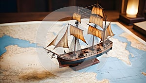 Old sailing ship model on world map