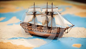 Old sailing ship model on world map