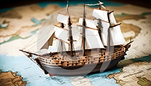 Old sailing ship model on world map