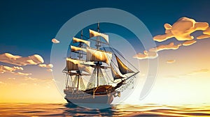 An old sailing ship in the ocean at sunset. Generative AI