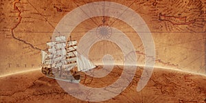 Old sailing ship on an old world map
