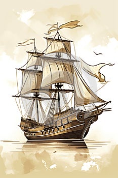 An old sailing ship in the water. AI generative image.