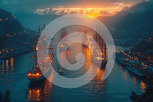 Old sailing ships in the bay at sunset. Harbor at night with several boats at the harbor