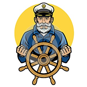 Old sailor captain hold the ship steering wheel