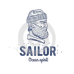 Old sailor logo or label. Seaman with a beard. Hand drawn illustration. Hipster logotype. Profile view. Vintage design.