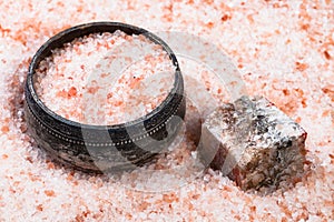 old salt cellar and pink Himalayan Salt close up