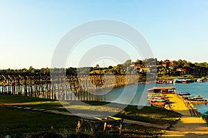 Old Sapan Mon long wooden bridge,popular place tourists at Sangklaburi, Kanchanaburi province, Thailand