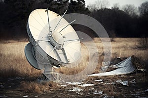 An old satellite dish and radio wave receiver, abandoned in the countryside. Ai generated