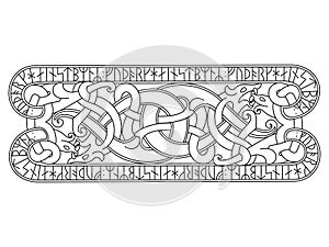 Old Scandinavian design. Interlaced dragons pattern and runic symbols of ancient Scandinavia