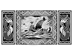 Old Scandinavian design. Norse Warrior Berserker, Viking Ship Drakkar and the winged dragon