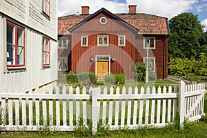 Old scandinavian red timber house. Linkoping. Sweden