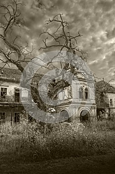 Old scary abandoned halloween palace black white
