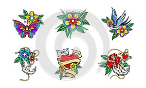 Old School Badge with Stylized Red Rose Bud, Swallow and Anchor Vector Set