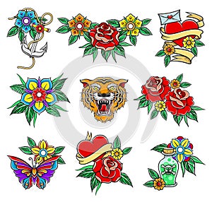 Old School Badges with Tiger and Red Rose Symbols Vector Set