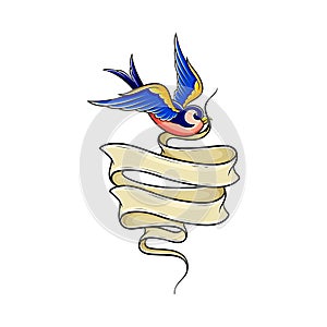Old School Blue Swallow Holding Banner or Ribbon in Its Beak Vector Illustration