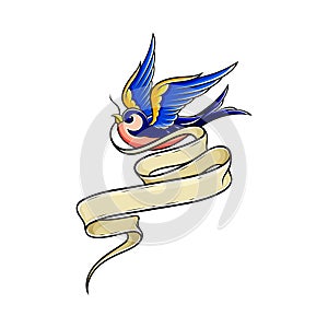 Old School Blue Swallow Holding Banner or Ribbon in Its Beak Vector Illustration