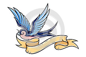 Old School Blue Swallow Holding Banner or Ribbon in Its Beak Vector Illustration