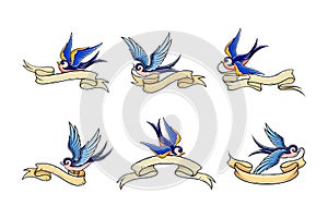 Old School Blue Swallow Holding Banner or Ribbon in Its Beak Vector Set