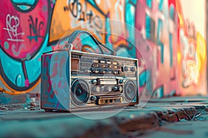 Old school boombox on urban backdrop