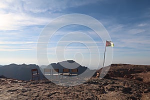 Old school chairs to have a break at one of the view points of the desert hiking trail from Little Petra to the Monastery, Petra,