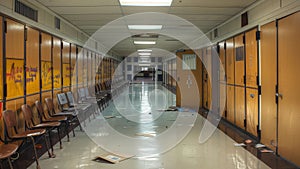 Old school corridor with garbage and graffiti after shooting