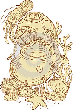 Old School Diving Helmet Underwater Drawing