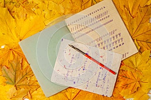 Old school exercise book with a wooden ink pen on a background of yellow maple leaves. A exercise book first-grade and a wooden pe