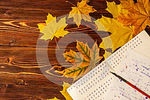 Old school exercise book with a wooden ink pen and yellow maple leaves on a background of old wood . A exercise book first-grade a