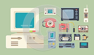 Old school gadgets flat vector illustrations set