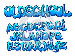 Old school graffiti font. Cartoon alphabet capital letters in street art style with paint smudges and depth effect