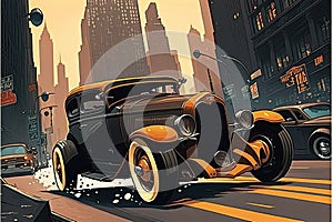 old-school hot rod, buzzing through bustling metropolis, surrounded by towering skyscrapers