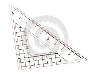 Old school maths equipment. Set square triangle used in engineering and technical drawing. Plastic. Isolated on white.