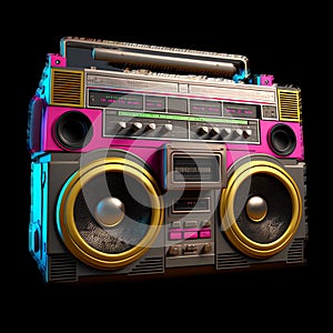 Old school radio tape recorder doodle double cassette. Vintage boombox sound system. 1980s boom box player Generative AI