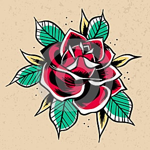 Old School red Rose. Print for t-shirt postcards logo icons. Vintage traditional art. Simbol of love. Barbershop or tattoo studio
