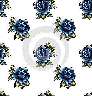 Old school retro vintage doodle tattoo rose spikes seamless pattern.Colorful oldschool tattooings flowers,four-leaf clovers,