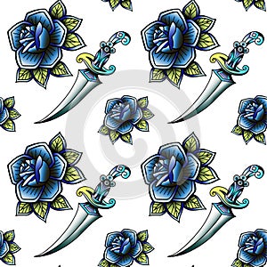 Old school retro vintage doodle tattoo seamless pattern.Rose,knife.continuous openwork emblems symbols.Vector line art oldschool