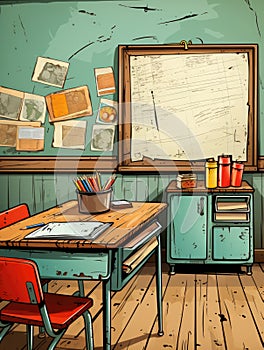 An old school room with a desk and chairs, AI
