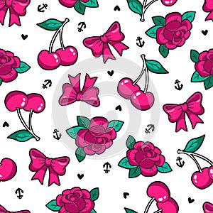 Old school seamless pattern in rockabilly style.