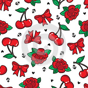 Old school seamless pattern in rockabilly style. photo