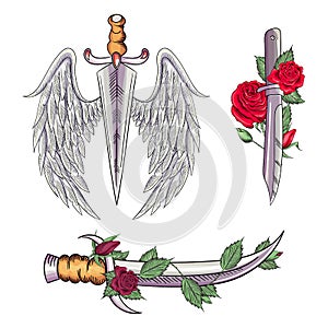 Old school styled tattoo of a dagger through rose. Editable vector illustration.