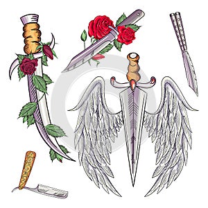 Old school styled tattoo of a dagger through rose. Editable vector illustration.