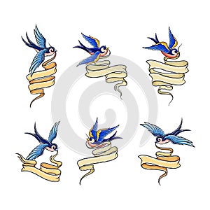 Old School Swallow with Banner or Ribbon Vector Set