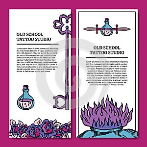 Old school tattoo banner template with heart, roses, knife, glass bottle, key with outline and shadow in pink, purple