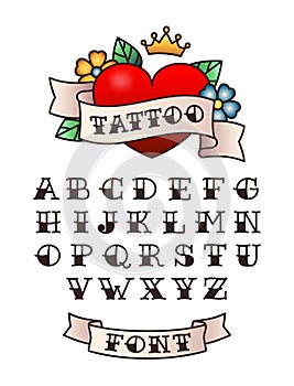 Old school tattoo font. American traditional lettering, hand drawn sailor tattoos style letters vector set