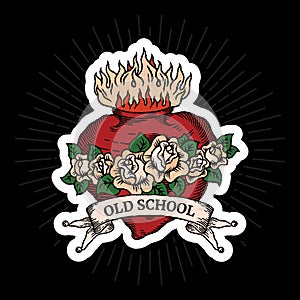 Old school tattoo logo with heart, roses and engraving ribbon with outline and shadow in classic red, green and beige