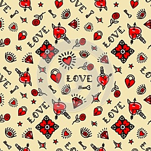 Old school tattoo pattern with love symbols